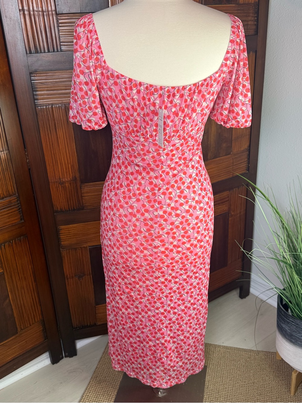 Cupshe NWT Cherry Print Mesh Midi Dress Small Pink Square Neck Coquette Y2K - Picture 7 of 15